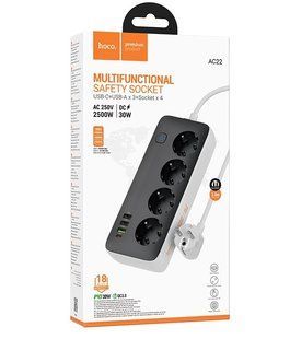 Сетевое зарядное устройство 2500 W 3 метра  PD30W USB HOCO AC22 Desktop Socket